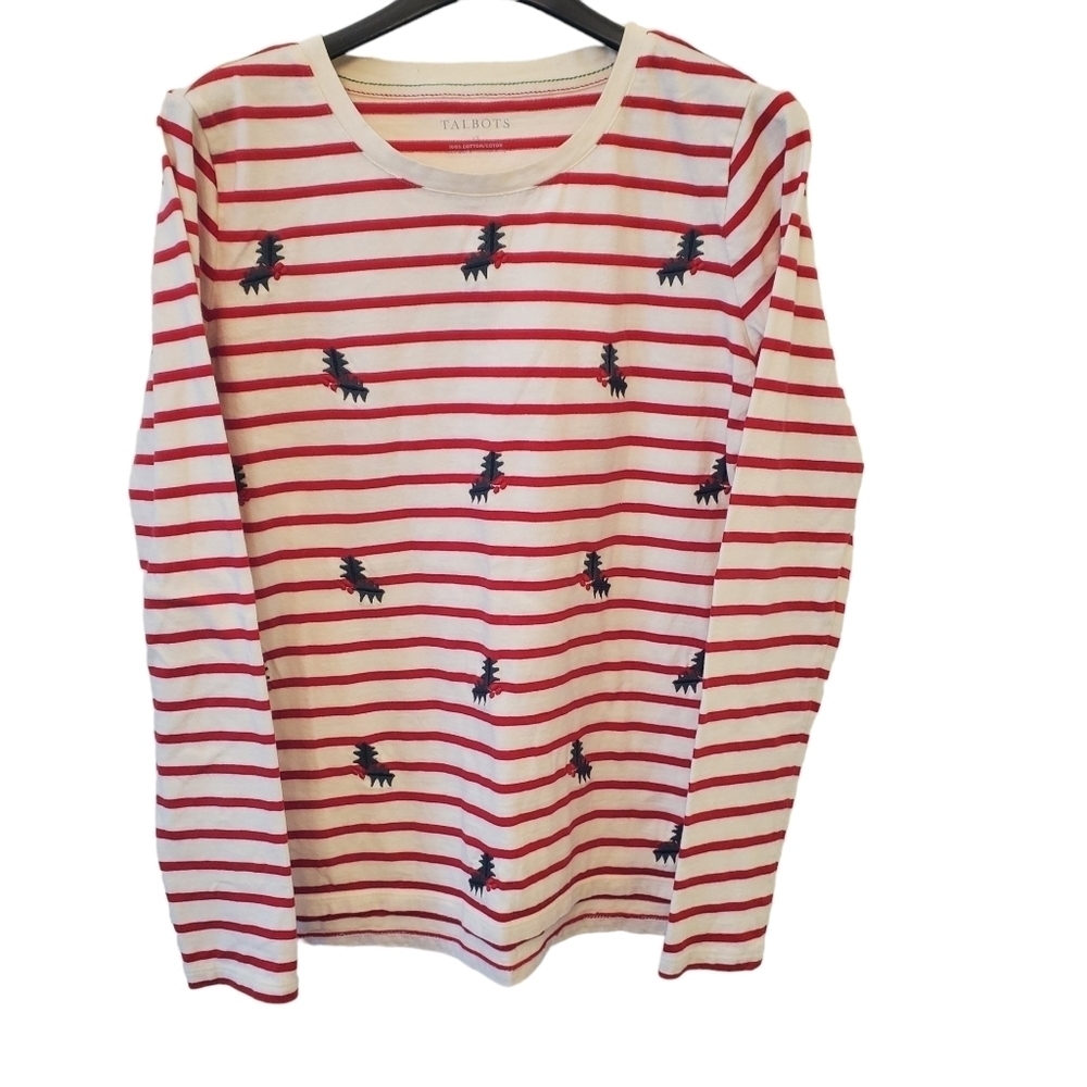Talbots XS 100% Cotton Embroidered Holly Red White Stripe Top